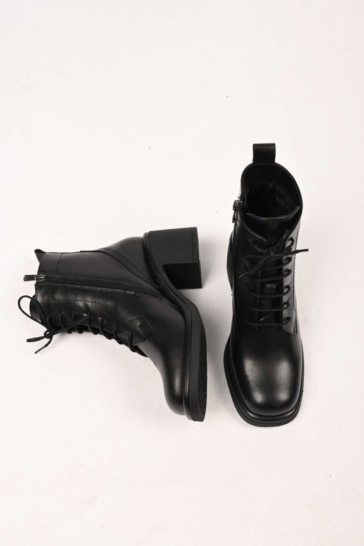 Bestello Lace-Up Zip-Up Genuine Leather Heeled Women's Boots with Thermo Sole 336-1233 Women's Boots