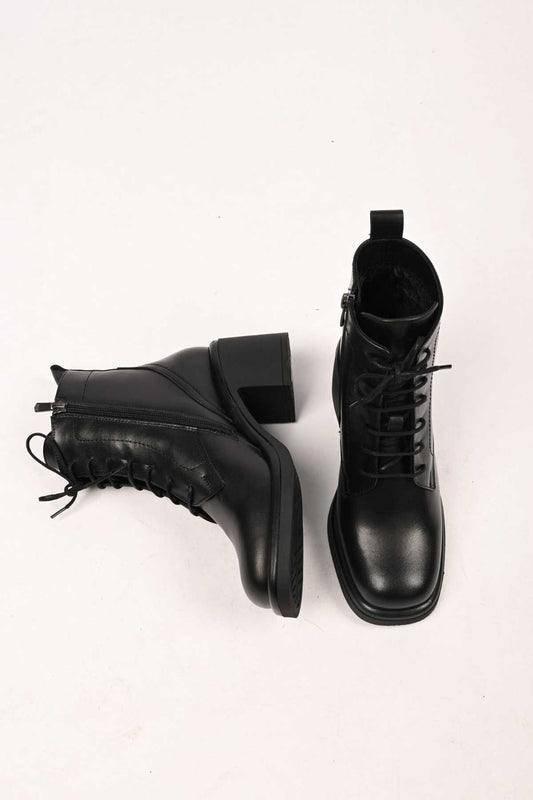 Bestello Lace-Up Zip-Up Genuine Leather Heeled Women's Boots with Thermo Sole 336-1233 Women's Boots