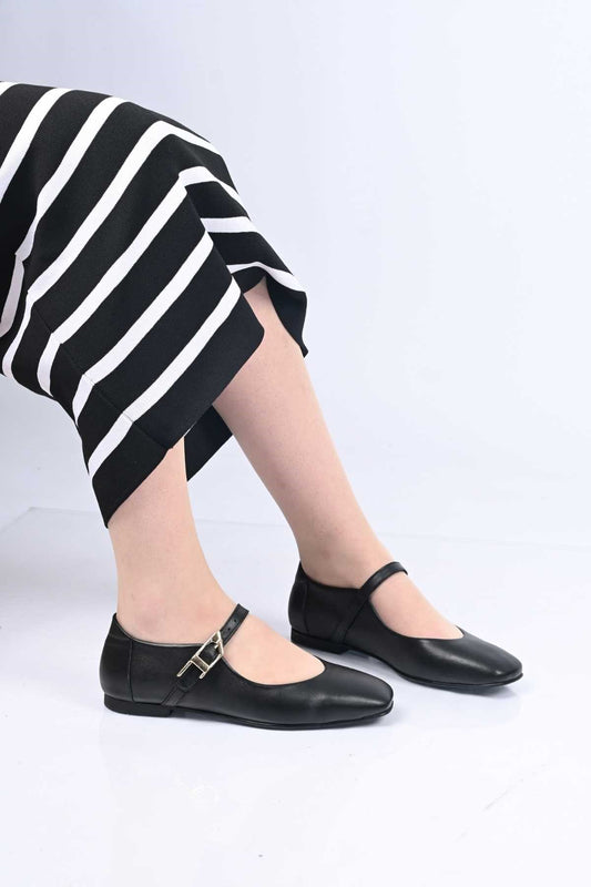 Bestello Slip-On Genuine Leather Ballet Flats with Buckle Strap and Neolite Sole 342-050 Women's Ballet Flats