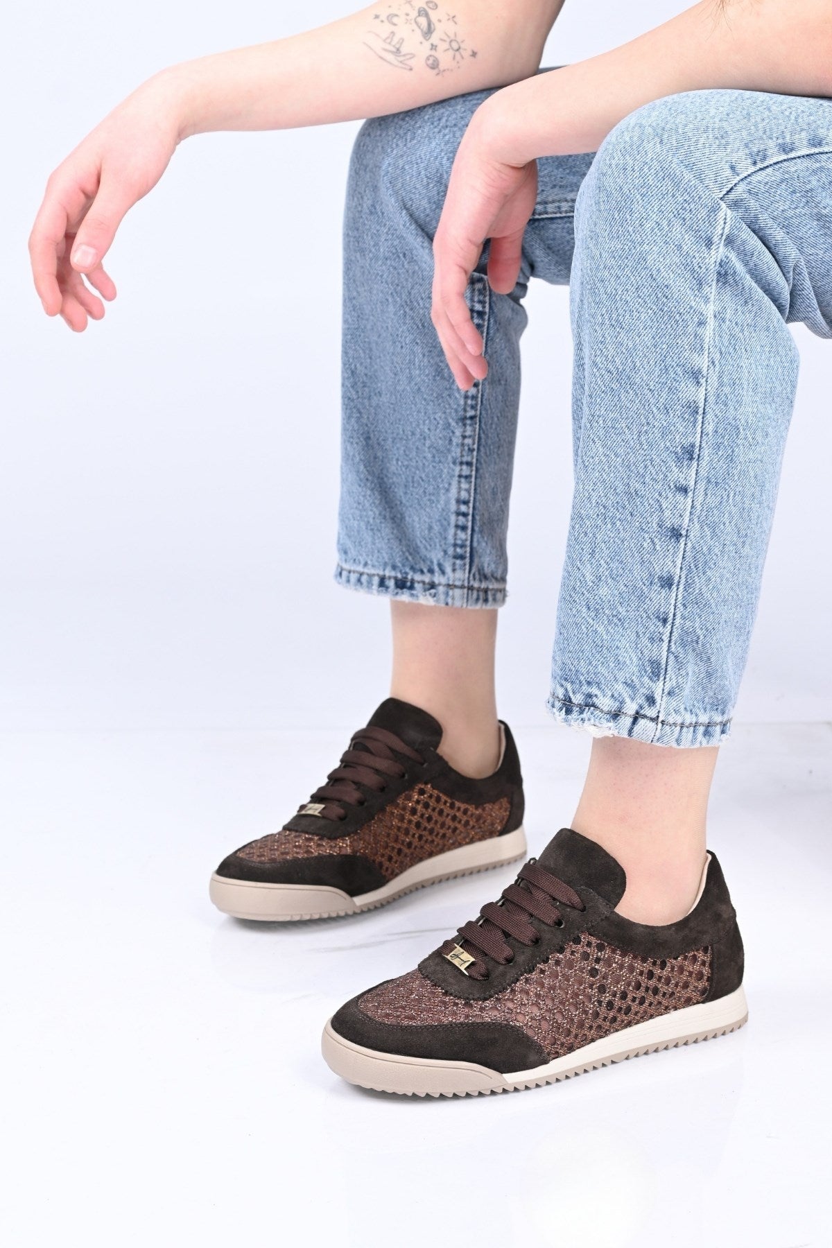 Bestello Lace-Up Mesh Thermo Sole Genuine Leather Sneakers 338-7091 Women's Shoes