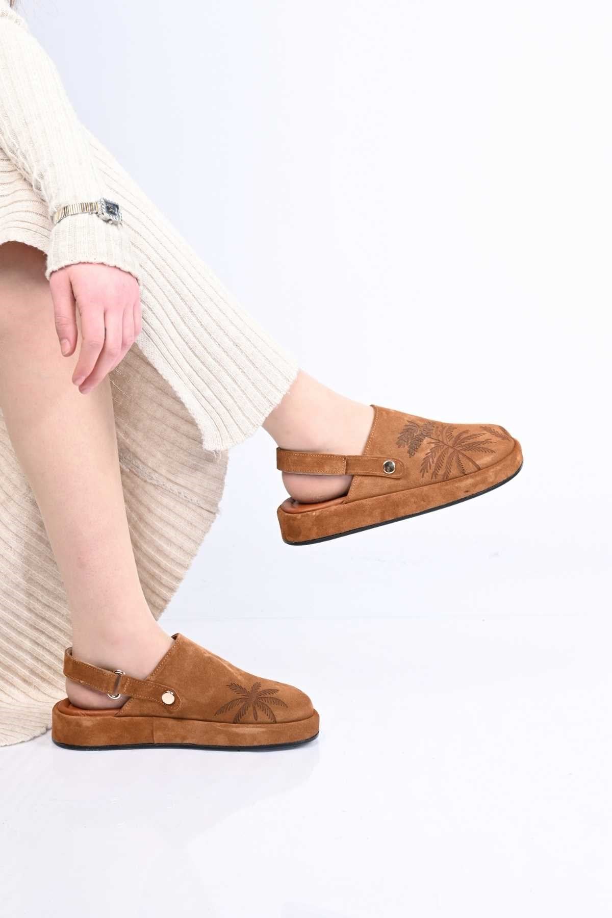 Bestello Genuine Leather Clog Sandals with Hook-and-Loop Fastener, Poly Sole, Laser Print 341-1128 Women's Sandals