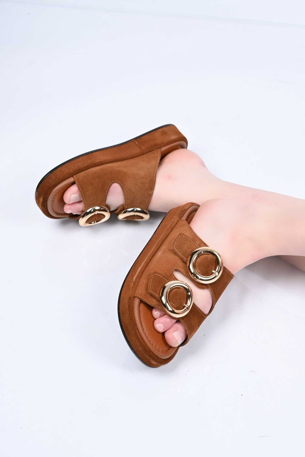 Bestello Slip-On Buckled Genuine Leather Slippers with Poly Sole 341-1445 Women's Slippers