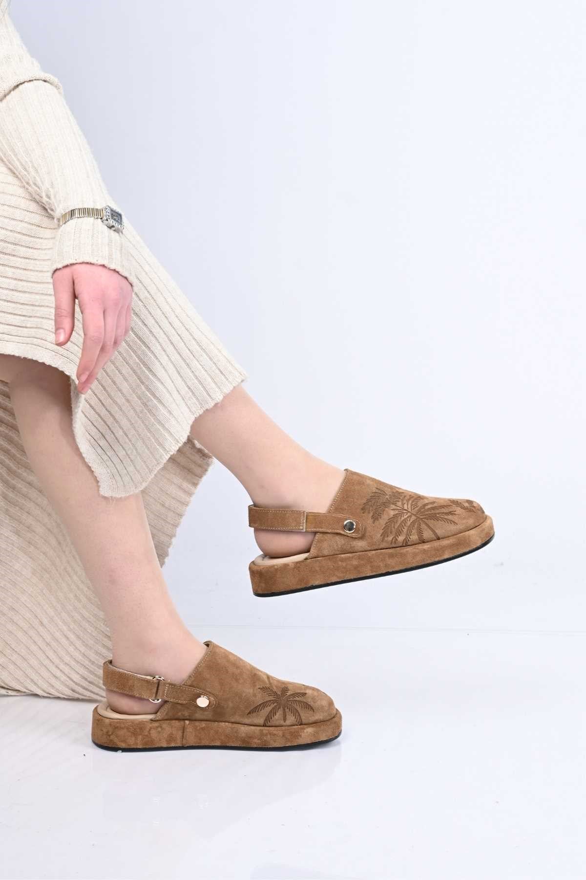 Bestello Genuine Leather Clog Sandals with Hook-and-Loop Fastener, Poly Sole, Laser Print 341-1128 Women's Sandals