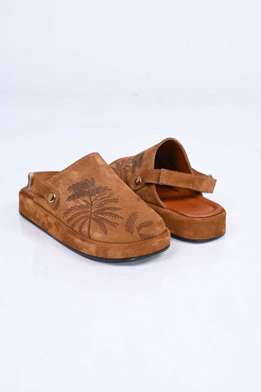 Bestello Genuine Leather Clog Sandals with Hook-and-Loop Fastener, Poly Sole, Laser Print 341-1128 Women's Sandals