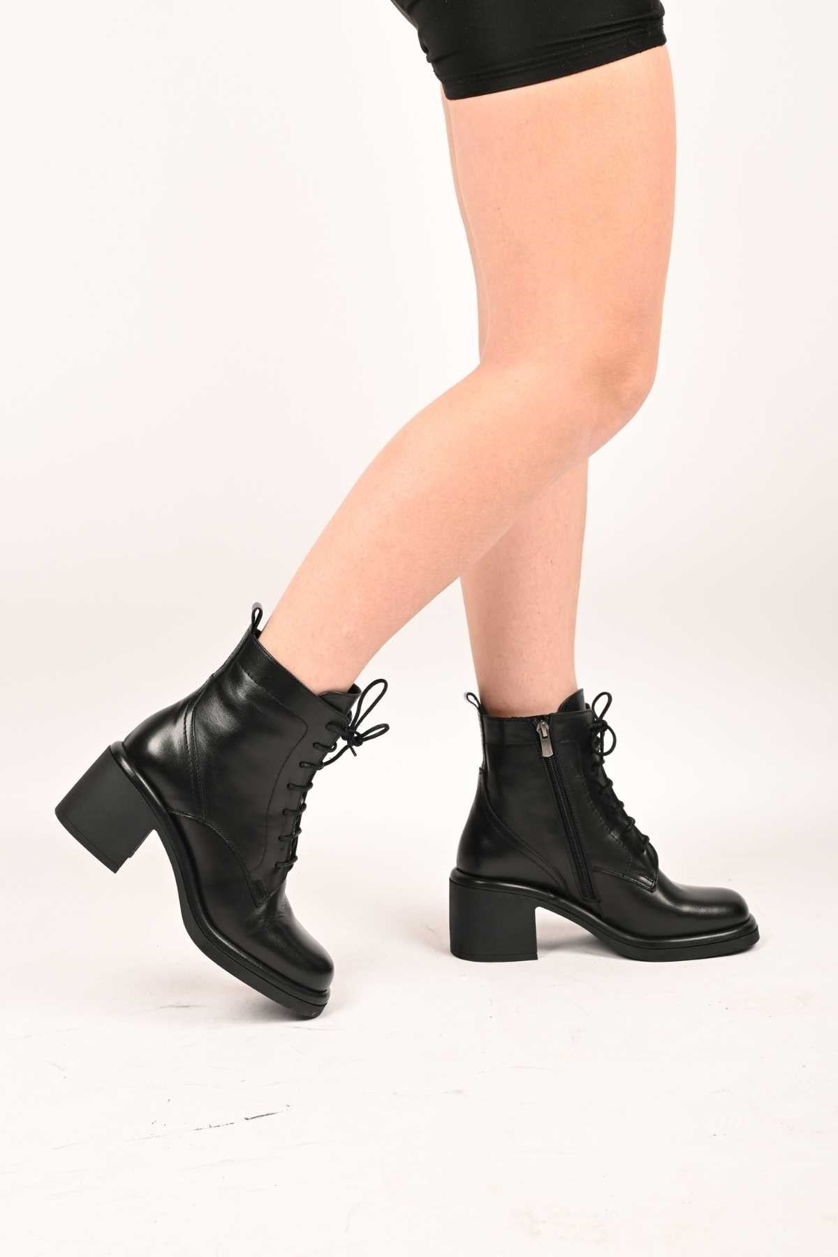 Bestello Lace-Up Zip-Up Genuine Leather Heeled Women's Boots with Thermo Sole 336-1233 Women's Boots