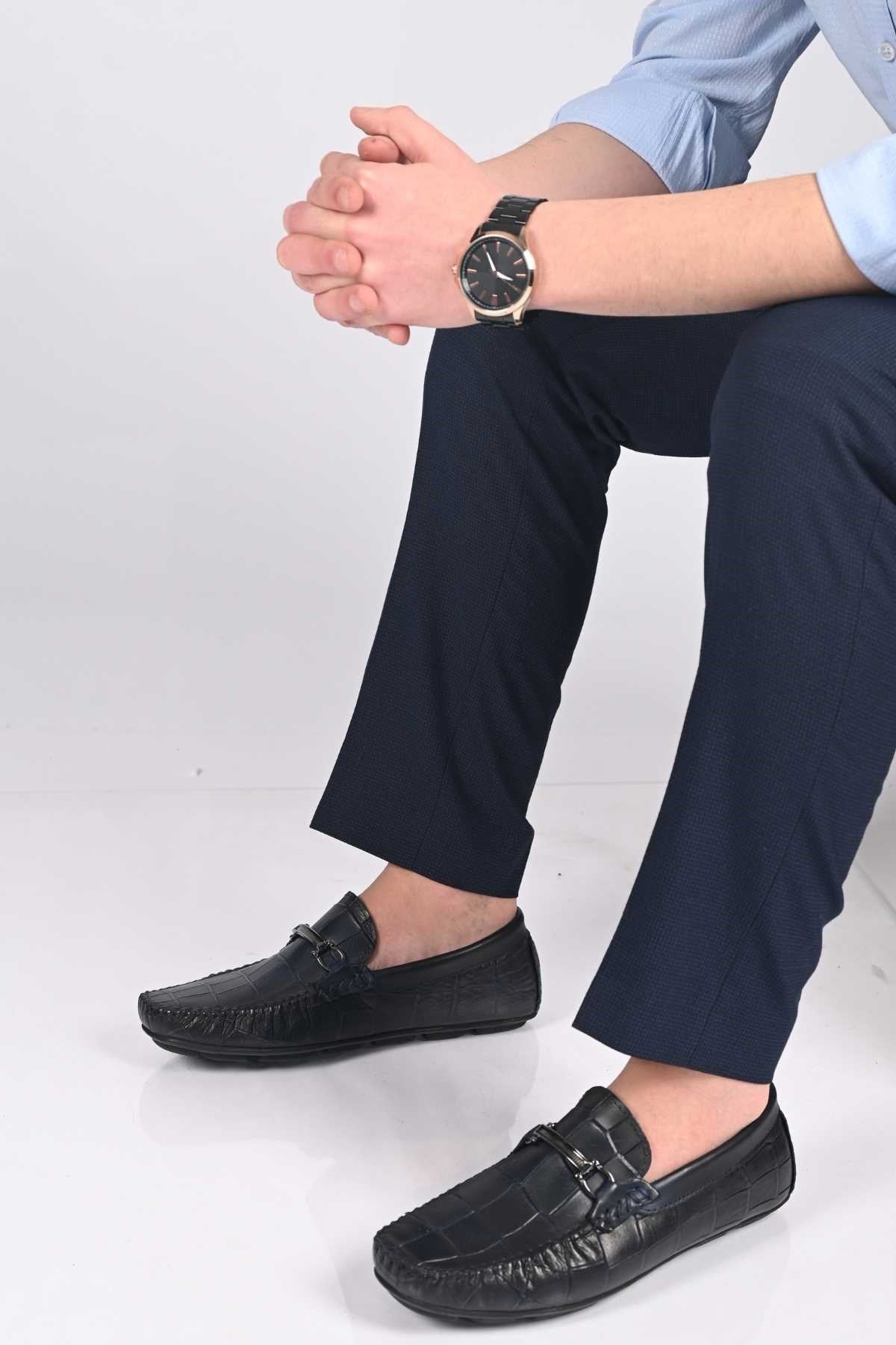 Bestello Slip-On Buckled Genuine Leather Loafers with Polyurethane Sole 028-1070 Men's Shoes