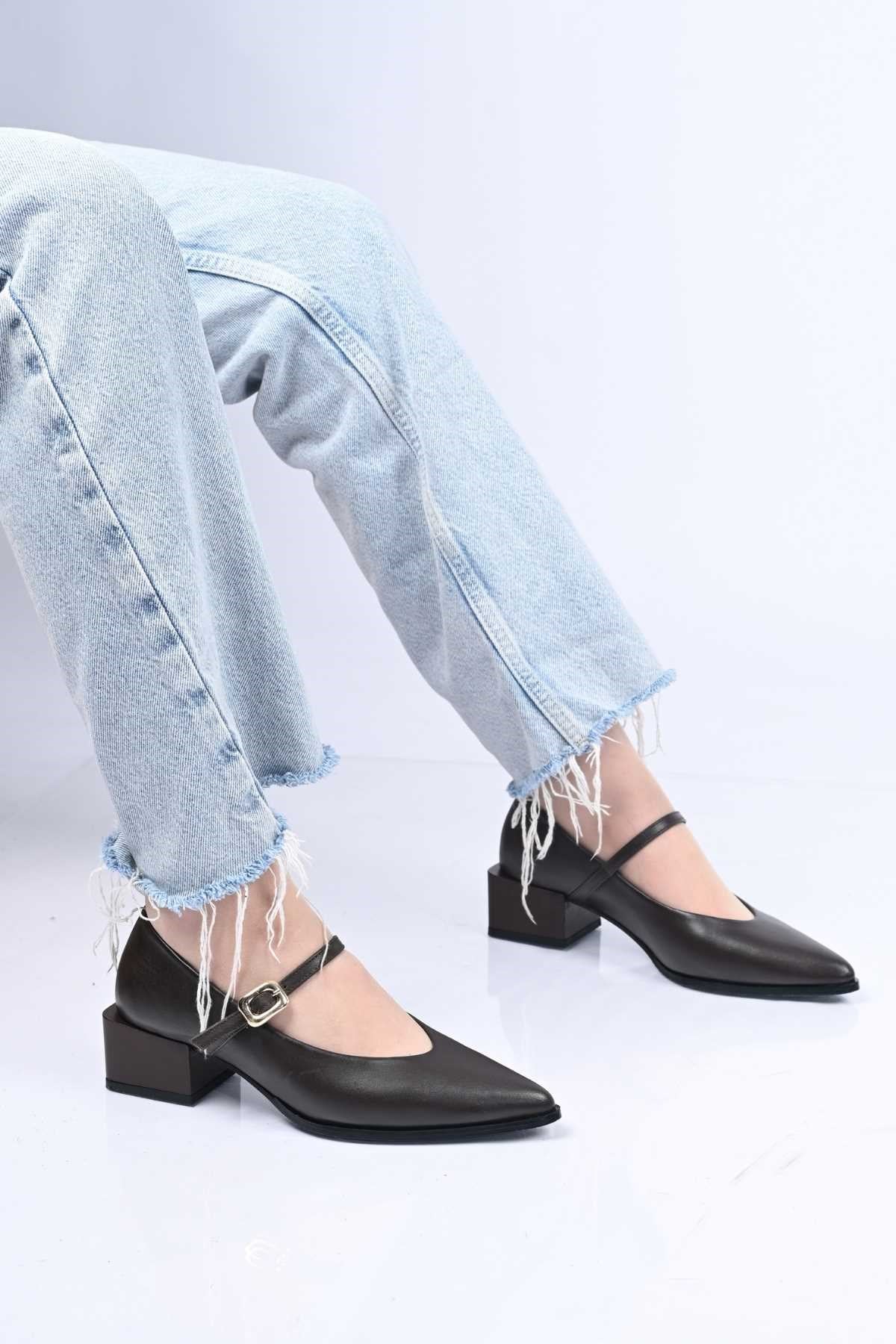 Bestello Lace-Up-Free Belt-Buckle Neolite Sole Genuine Leather Thick-Heeled Shoes 342-042 Women's Shoes