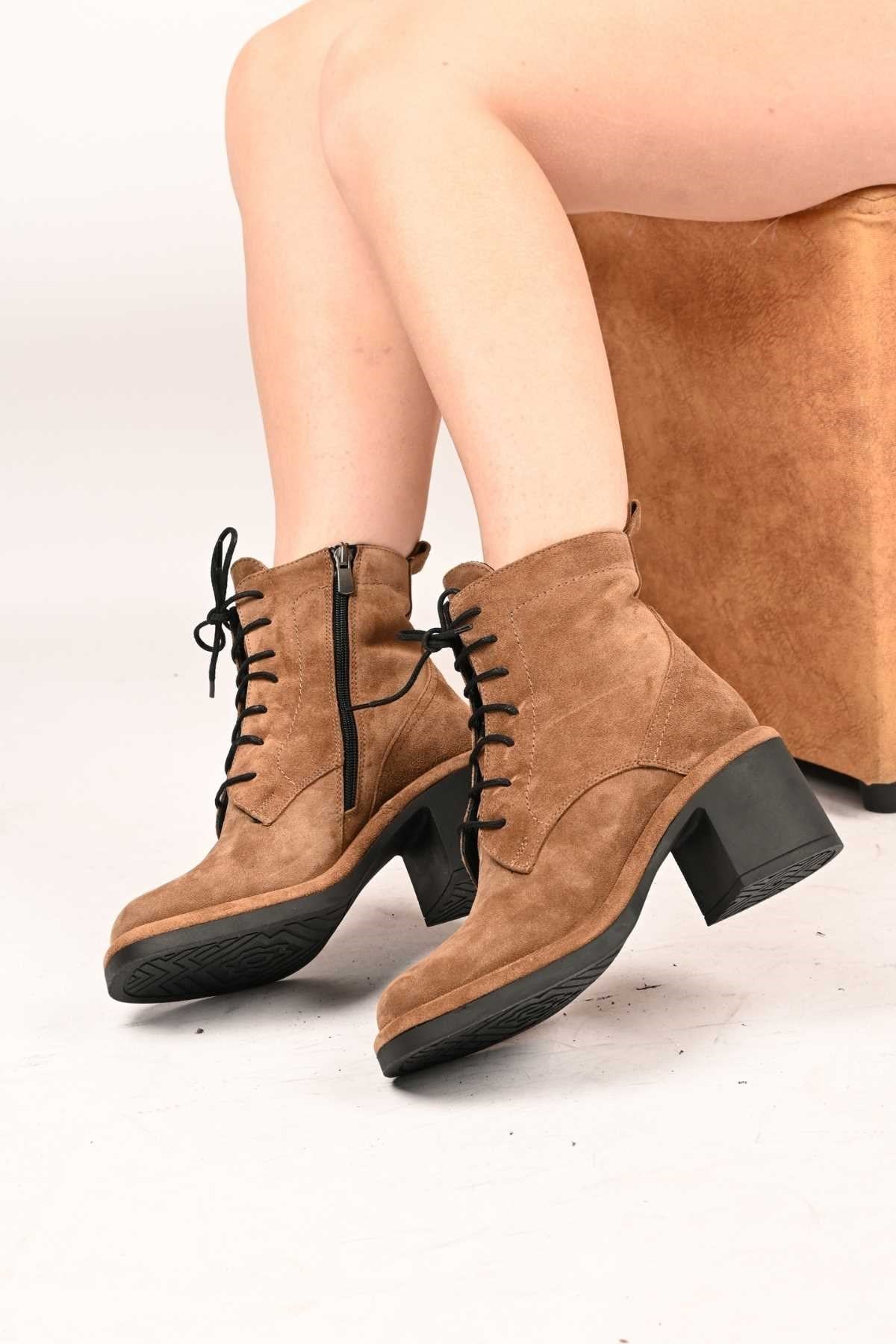 Bestello Lace-Up Zip-Up Genuine Leather Heeled Women's Boots with Thermo Sole 336-1233 Women's Boots