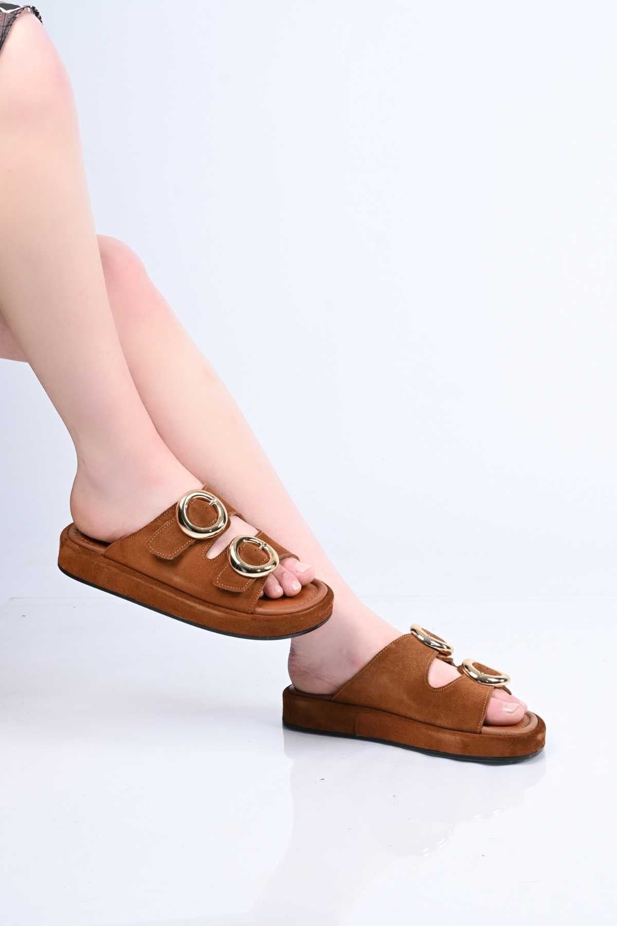 Bestello Slip-On Buckled Genuine Leather Slippers with Poly Sole 341-1445 Women's Slippers