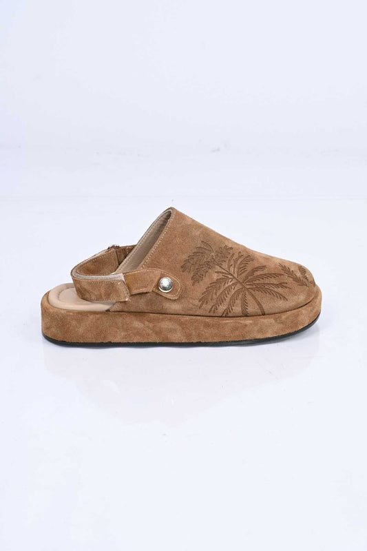 Bestello Genuine Leather Clog Sandals with Hook-and-Loop Fastener, Poly Sole, Laser Print 341-1128 Women's Sandals