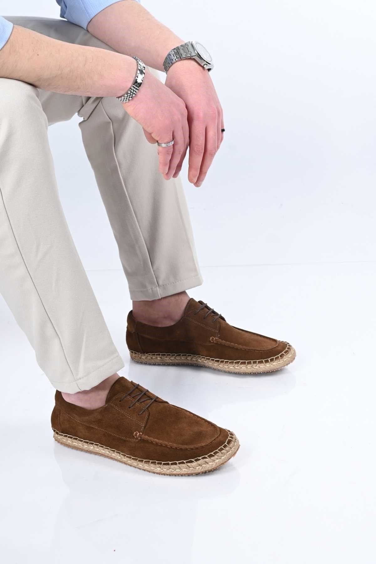 Bestello Lace-Up Rubber Sole Genuine Leather Loafers with Woven Detail 333-1893 Men's Shoes