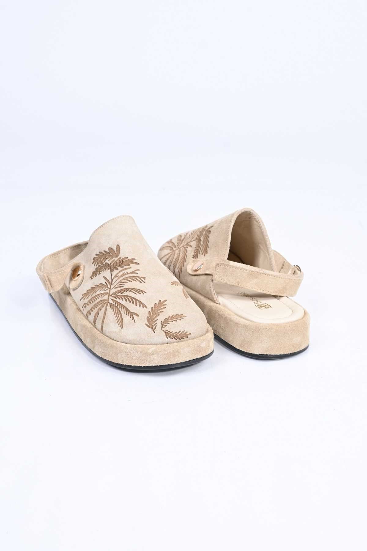 Bestello Genuine Leather Clog Sandals with Hook-and-Loop Fastener, Poly Sole, Laser Print 341-1128 Women's Sandals