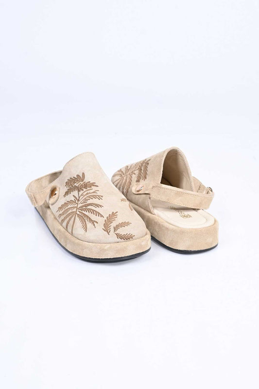 Bestello Genuine Leather Clog Sandals with Hook-and-Loop Fastener, Poly Sole, Laser Print 341-1128 Women's Sandals