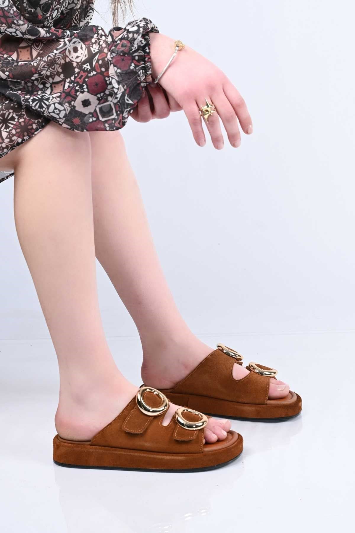 Bestello Slip-On Buckled Genuine Leather Slippers with Poly Sole 341-1445 Women's Slippers