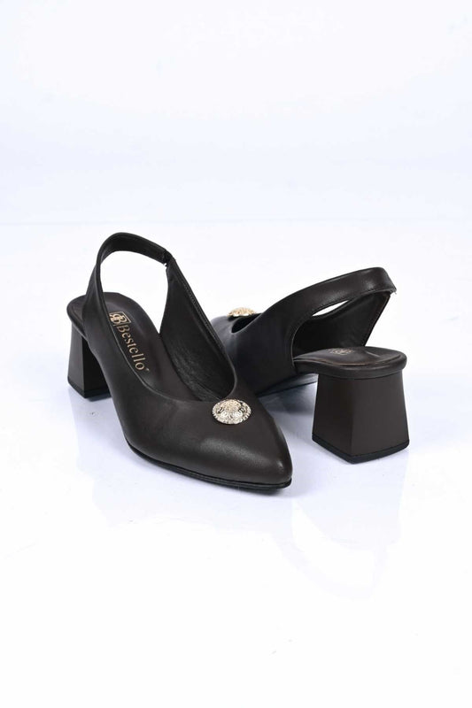 Bestello Slip-On Buckled Neolite Sole Genuine Leather Open-Back Block Heel Shoes 342-563 Women's Shoes