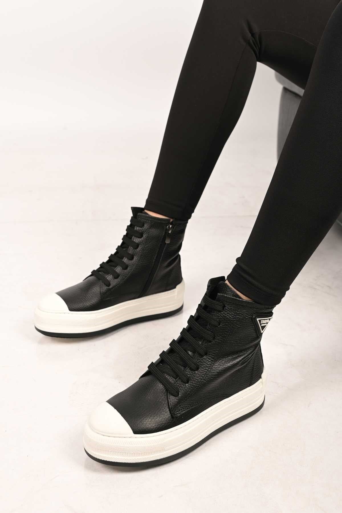 Bestello Lace-Up Zip-Up Genuine Leather Flat Boots with Thermo Sole 101-23028-02 Women's Boots