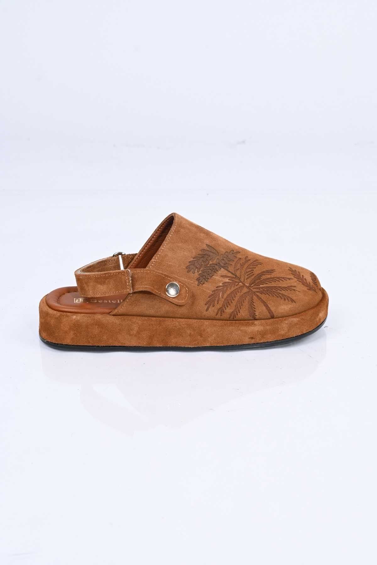 Bestello Genuine Leather Clog Sandals with Hook-and-Loop Fastener, Poly Sole, Laser Print 341-1128 Women's Sandals