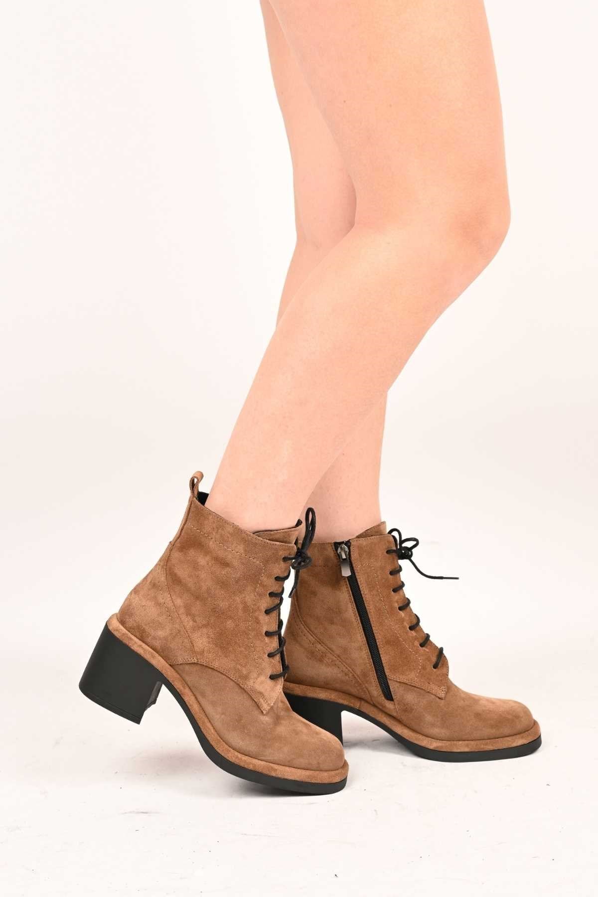 Bestello Lace-Up Zip-Up Genuine Leather Heeled Women's Boots with Thermo Sole 336-1233 Women's Boots