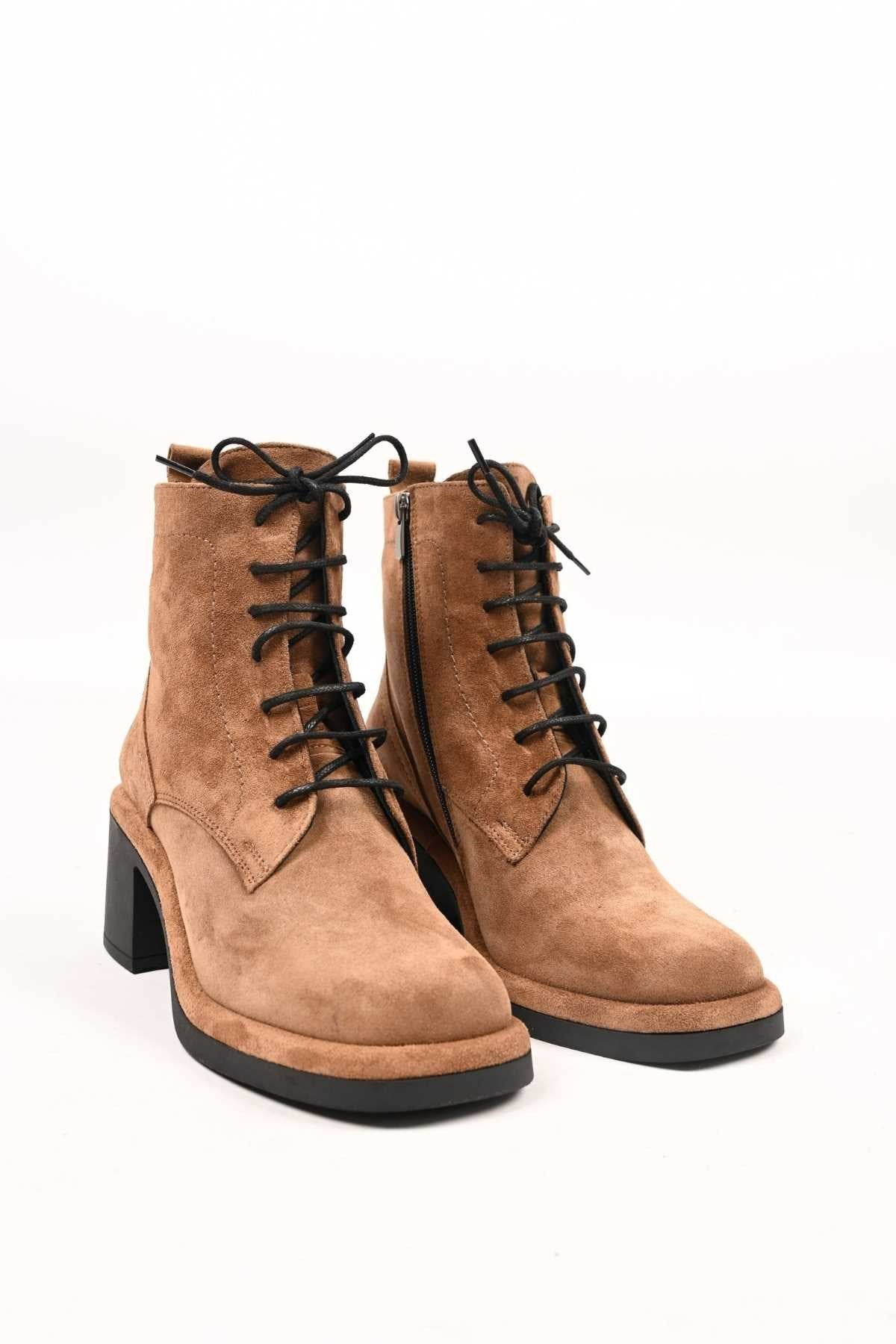 Bestello Lace-Up Zip-Up Genuine Leather Heeled Women's Boots with Thermo Sole 336-1233 Women's Boots