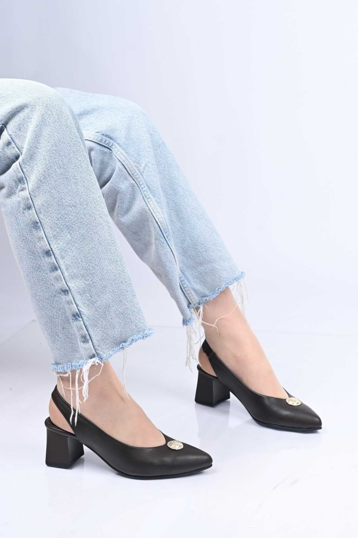 Bestello Slip-On Buckled Neolite Sole Genuine Leather Open-Back Block Heel Shoes 342-563 Women's Shoes