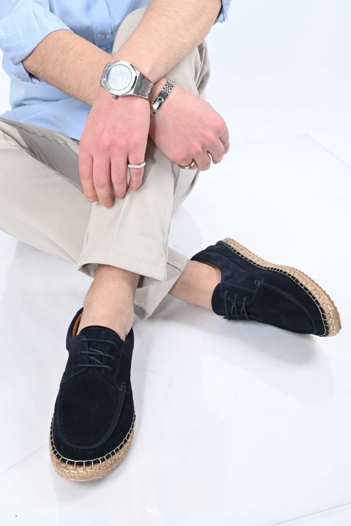 Bestello Lace-Up Rubber Sole Genuine Leather Loafers with Woven Detail 333-1893 Men's Shoes
