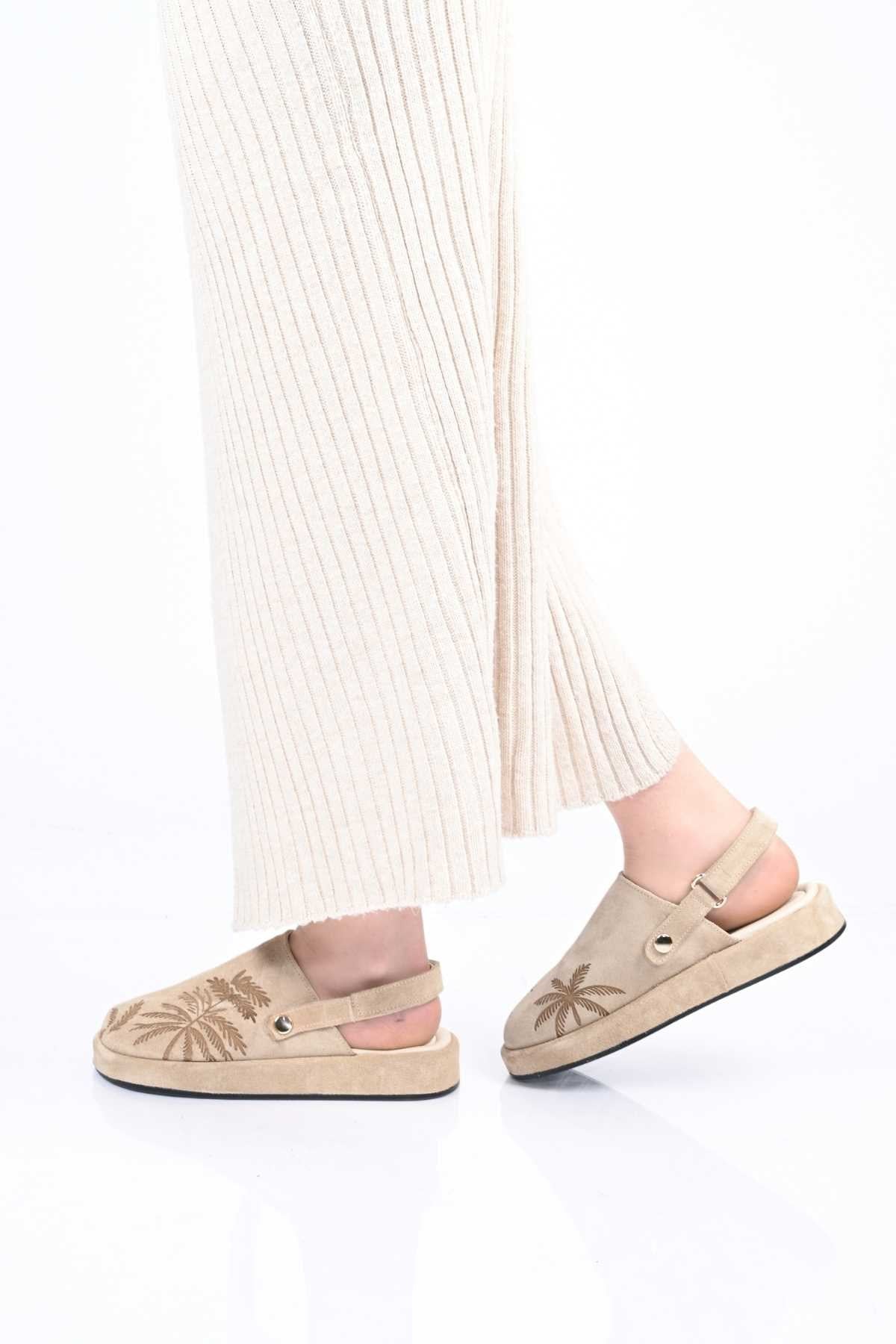 Bestello Genuine Leather Clog Sandals with Hook-and-Loop Fastener, Poly Sole, Laser Print 341-1128 Women's Sandals
