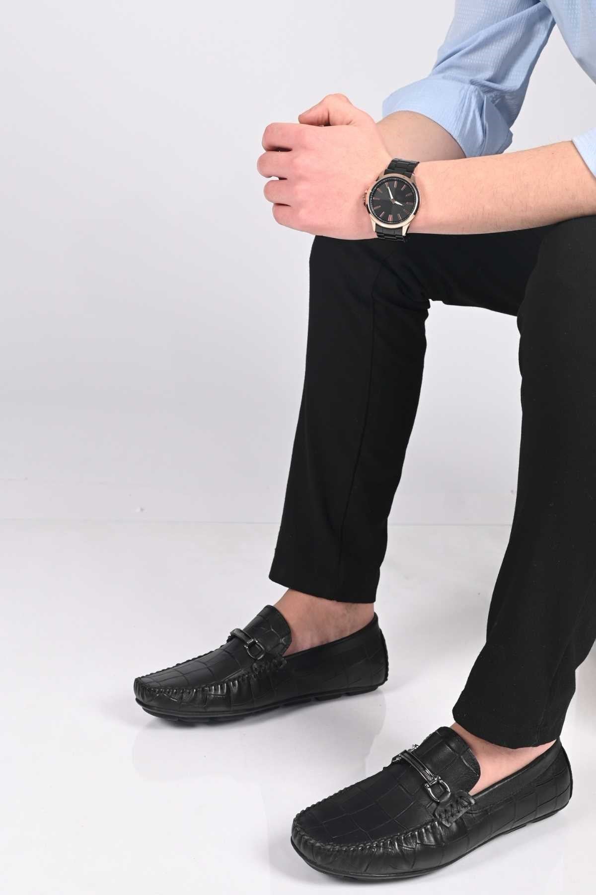 Bestello Slip-On Buckled Genuine Leather Loafers with Polyurethane Sole 028-1070 Men's Shoes