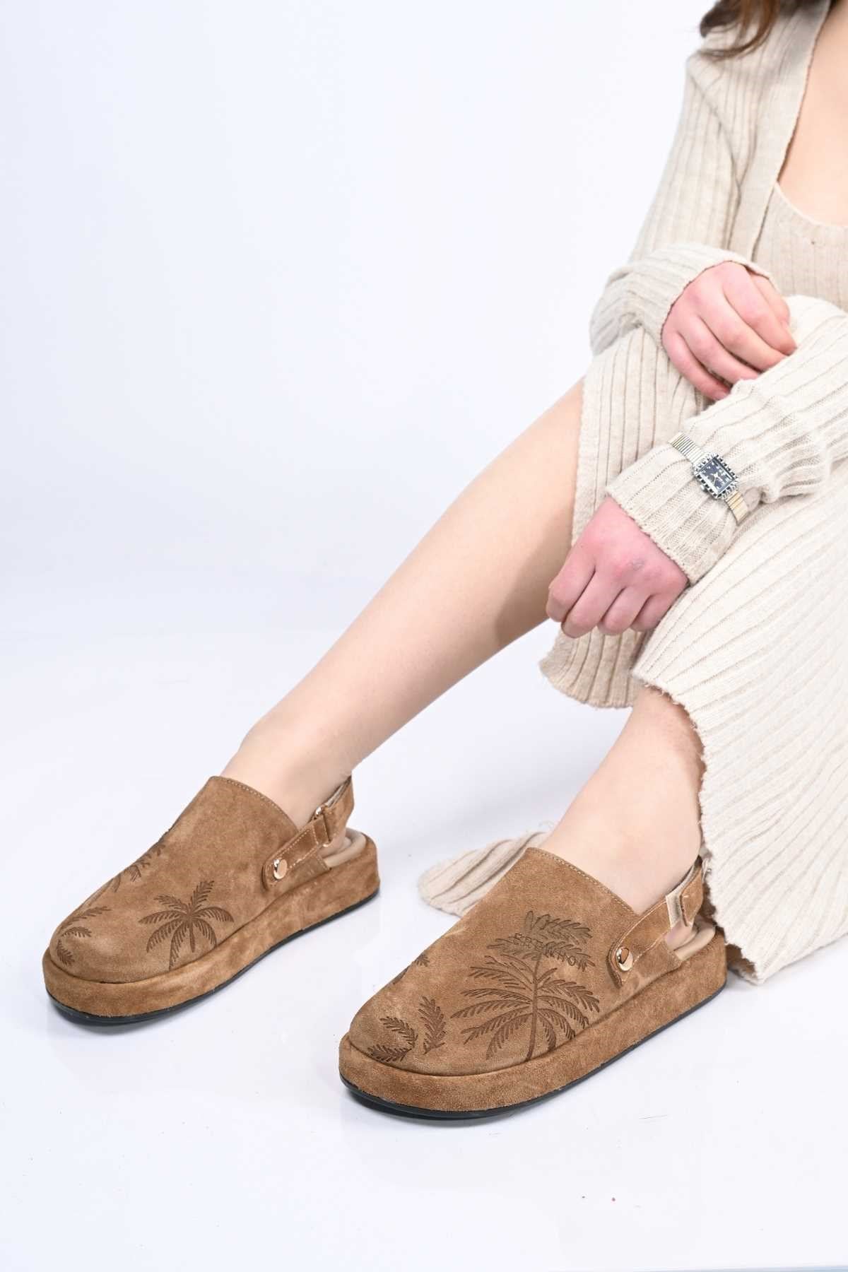 Bestello Genuine Leather Clog Sandals with Hook-and-Loop Fastener, Poly Sole, Laser Print 341-1128 Women's Sandals