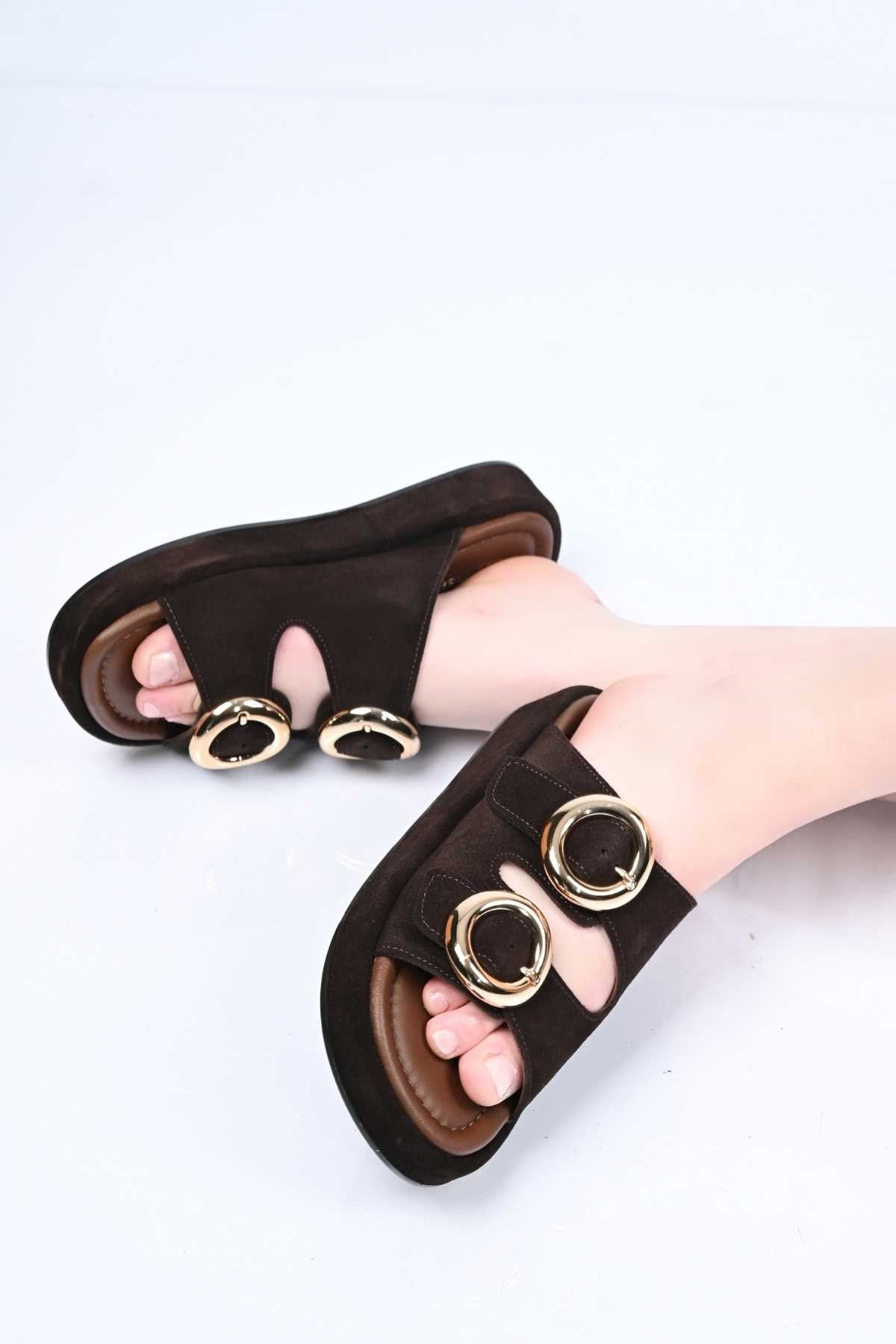 Bestello Slip-On Buckled Genuine Leather Slippers with Poly Sole 341-1445 Women's Slippers