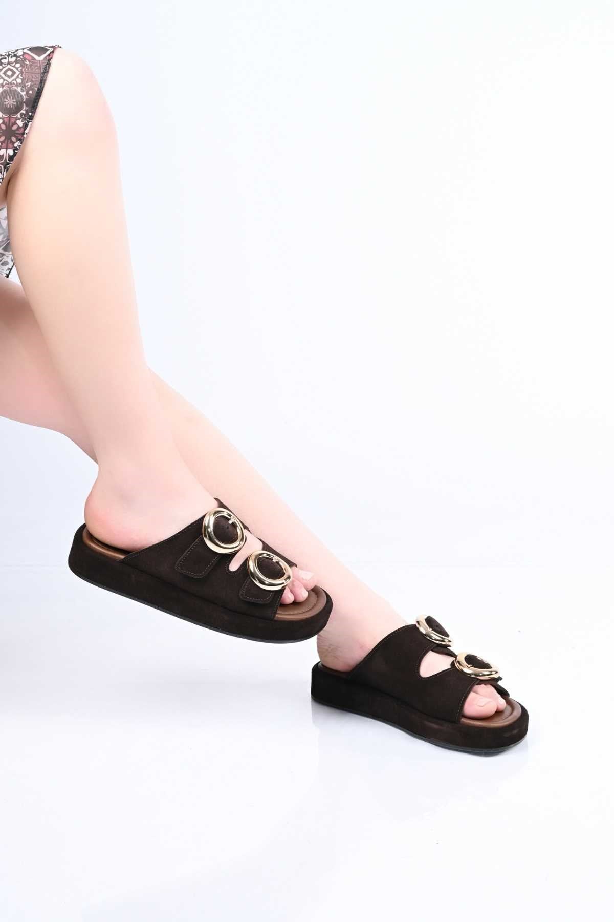 Bestello Slip-On Buckled Genuine Leather Slippers with Poly Sole 341-1445 Women's Slippers