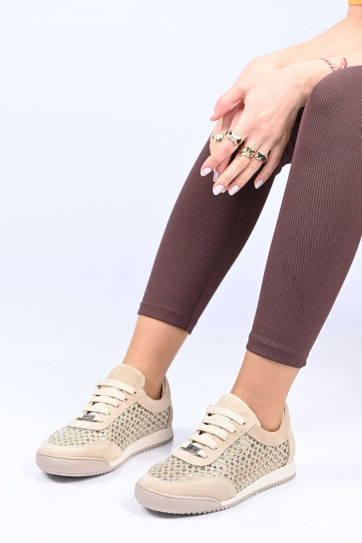 Bestello Lace-Up Mesh Thermo Sole Genuine Leather Sneakers 338-7091 Women's Shoes