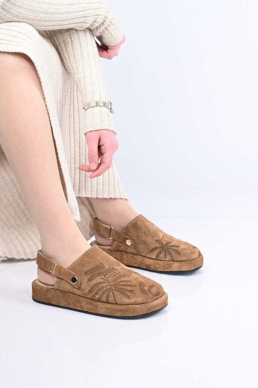 Bestello Genuine Leather Clog Sandals with Hook-and-Loop Fastener, Poly Sole, Laser Print 341-1128 Women's Sandals
