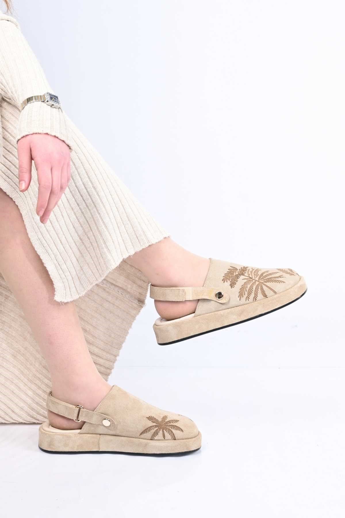 Bestello Genuine Leather Clog Sandals with Hook-and-Loop Fastener, Poly Sole, Laser Print 341-1128 Women's Sandals