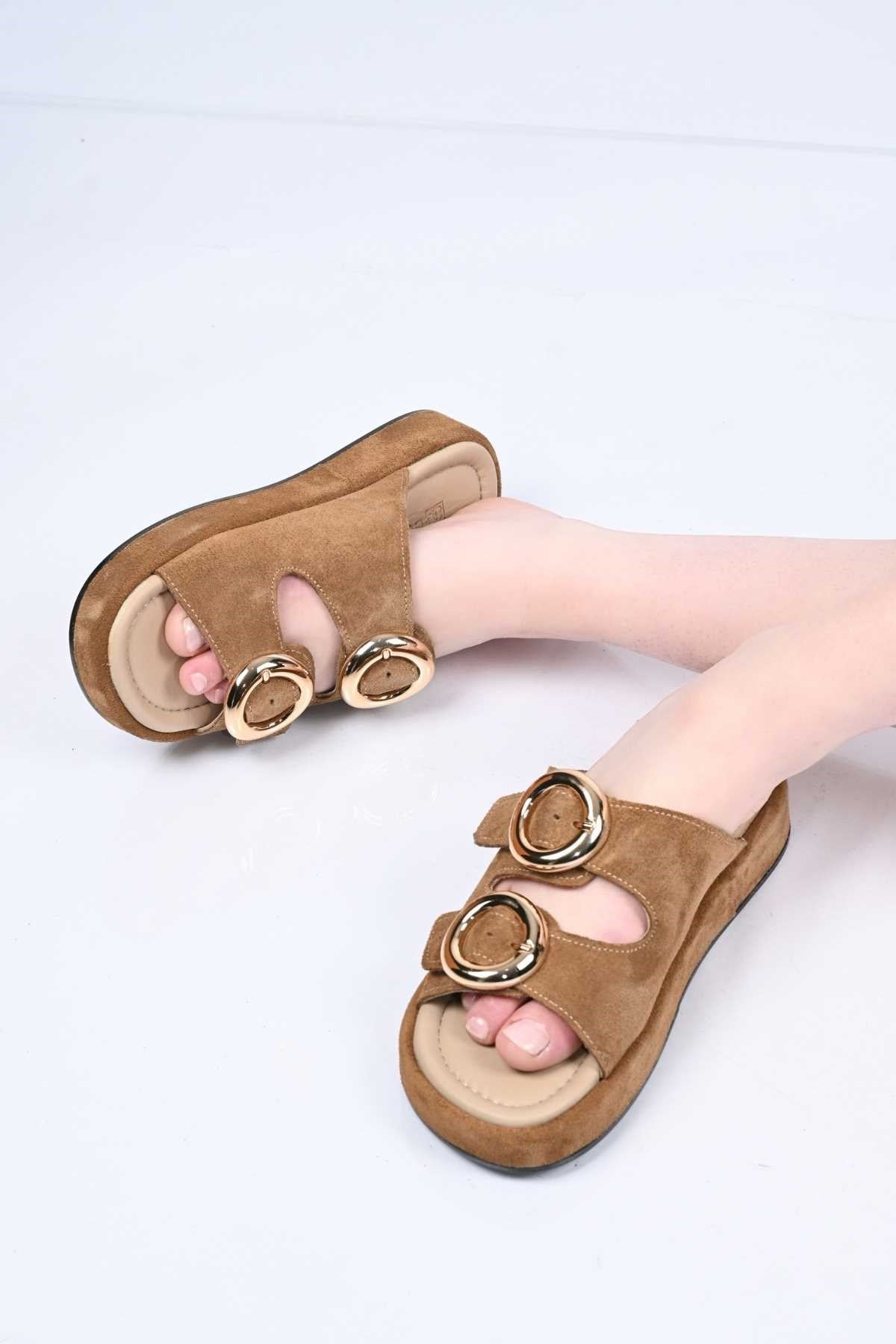 Bestello Slip-On Buckled Genuine Leather Slippers with Poly Sole 341-1445 Women's Slippers