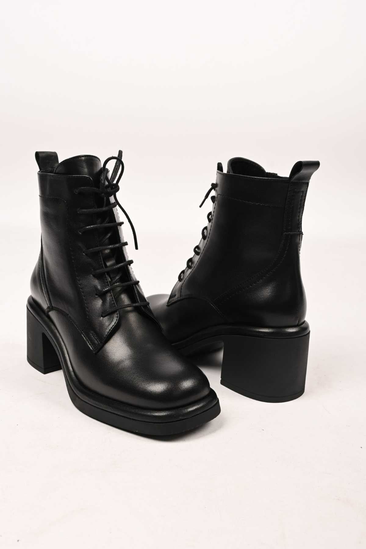 Bestello Lace-Up Zip-Up Genuine Leather Heeled Women's Boots with Thermo Sole 336-1233 Women's Boots