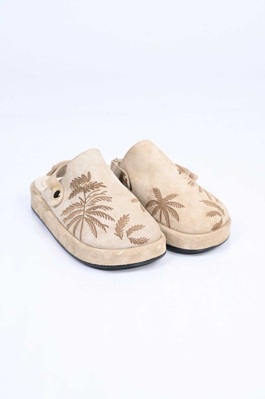 Bestello Genuine Leather Clog Sandals with Hook-and-Loop Fastener, Poly Sole, Laser Print 341-1128 Women's Sandals