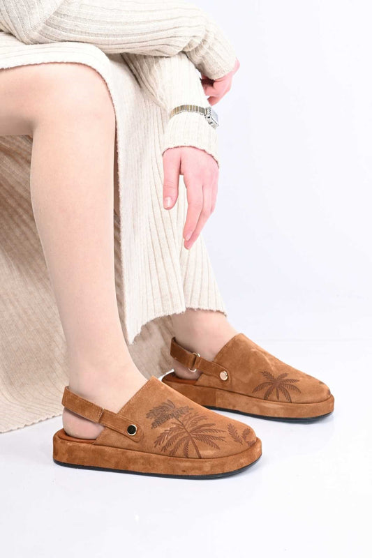 Bestello Genuine Leather Clog Sandals with Hook-and-Loop Fastener, Poly Sole, Laser Print 341-1128 Women's Sandals