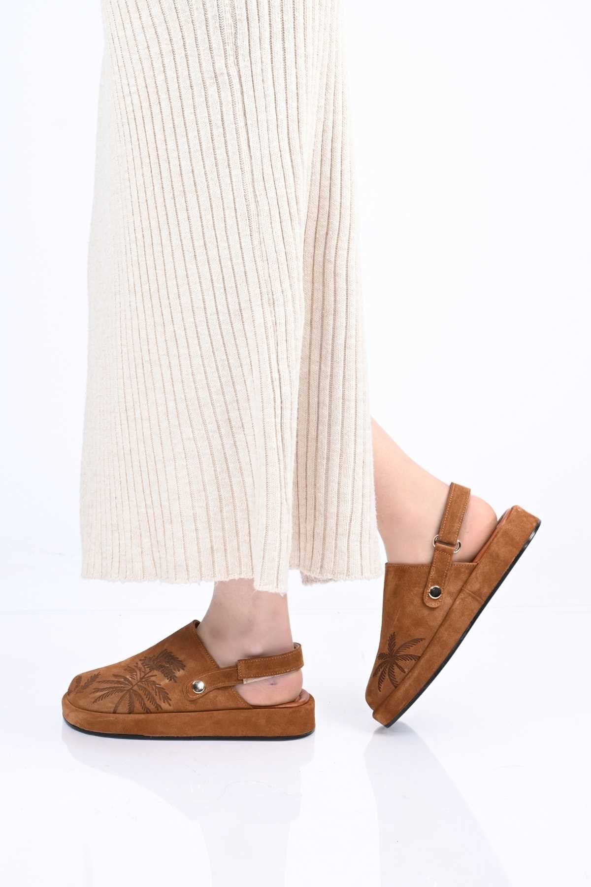 Bestello Genuine Leather Clog Sandals with Hook-and-Loop Fastener, Poly Sole, Laser Print 341-1128 Women's Sandals