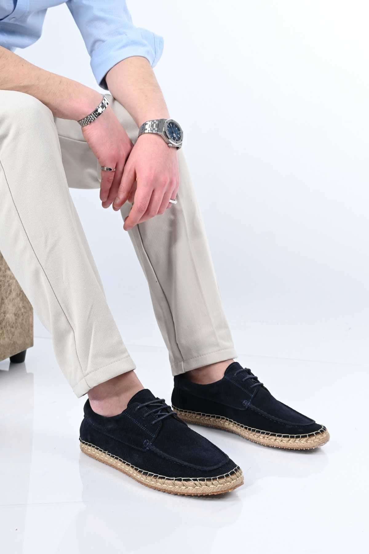 Bestello Lace-Up Rubber Sole Genuine Leather Loafers with Woven Detail 333-1893 Men's Shoes