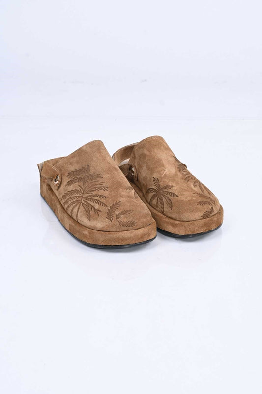 Bestello Genuine Leather Clog Sandals with Hook-and-Loop Fastener, Poly Sole, Laser Print 341-1128 Women's Sandals