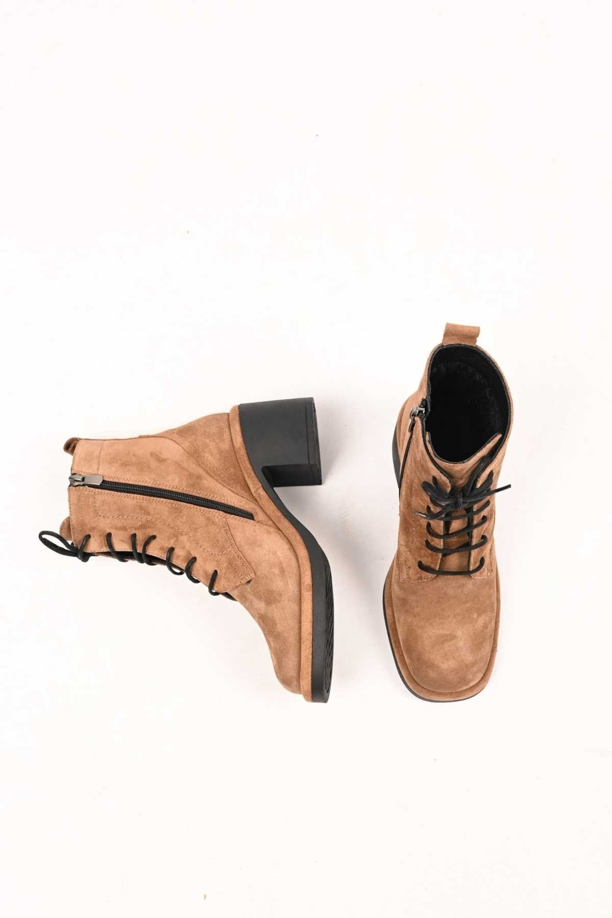 Bestello Lace-Up Zip-Up Genuine Leather Heeled Women's Boots with Thermo Sole 336-1233 Women's Boots