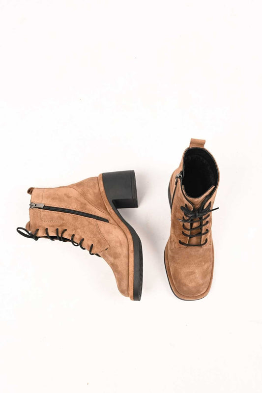 Bestello Lace-Up Zip-Up Genuine Leather Heeled Women's Boots with Thermo Sole 336-1233 Women's Boots