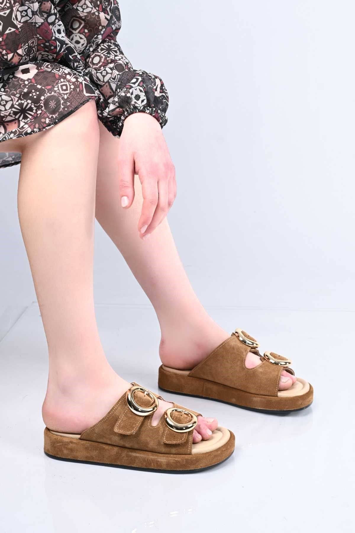 Bestello Slip-On Buckled Genuine Leather Slippers with Poly Sole 341-1445 Women's Slippers
